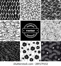 Set of eight seamless black and white wave and floral patterns.Can be used for wallpaper, pattern fills, web page background, surface textures.