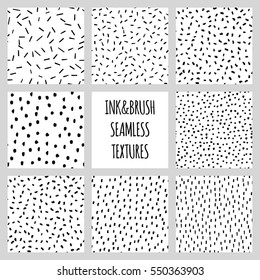 Set of eight seamless black and white vector free hand doodle textures, dry brush ink art.