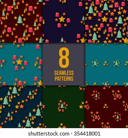 Set of eight seamless Christmas patterns with gifts stars, trees and candles. 