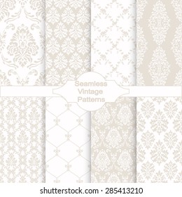 Set of eight seamless damask patterns. Classic beige wallpapers. Vintage vector backgrounds.