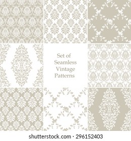 Set of eight seamless damask patterns. Classic beige wallpapers. Vintage vector backgrounds.