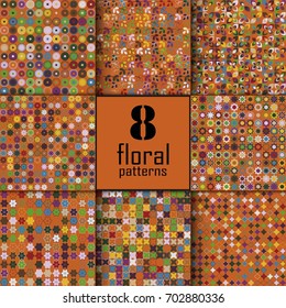 Set of eight seamless floral pattern with colored elements, vector abstract background, colorful floral background