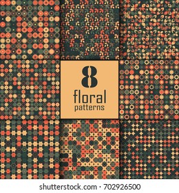 Set of eight seamless floral pattern with colored elements, vector abstract background, colorful floral background