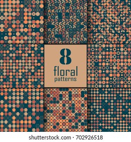 Set of eight seamless floral pattern with colored elements, vector abstract background, colorful floral background