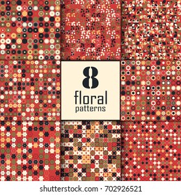 Set of eight seamless floral pattern with colored elements, vector abstract background, colorful floral background