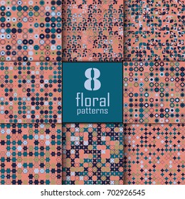 Set of eight seamless floral pattern with colored elements, vector abstract background, colorful floral background
