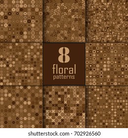 Set of eight seamless floral pattern with colored elements, vector abstract background, colorful floral background