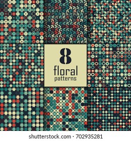 Set of eight seamless floral pattern with colored elements, vector abstract background, colorful floral background