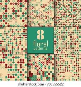 Set of eight seamless floral pattern with colored elements, vector abstract background, colorful floral background
