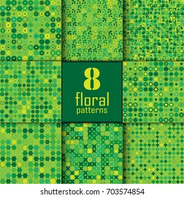 Set of eight seamless floral pattern with colored elements, vector abstract background, colorful floral background