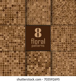 Set of eight seamless floral pattern with colored elements, vector abstract background, colorful floral background