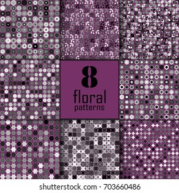 Set of eight seamless floral pattern with colored elements, vector abstract background, colorful floral background