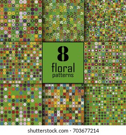 Set of eight seamless floral pattern with colored elements, vector abstract background, colorful floral background