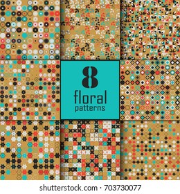 Set of eight seamless floral pattern with colored elements, vector abstract background, colorful floral background