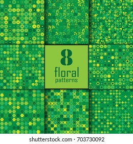 Set of eight seamless floral pattern with colored elements, vector abstract background, colorful floral background