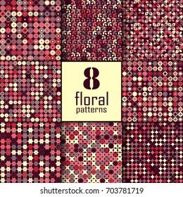 Set of eight seamless floral pattern with colored elements, vector abstract background, colorful floral background