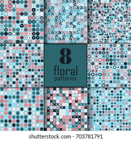 Set of eight seamless floral pattern with colored elements, vector abstract background, colorful floral background