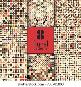 Set of eight seamless floral pattern with colored elements, vector abstract background, colorful floral background