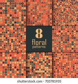 Set of eight seamless floral pattern with colored elements, vector abstract background, colorful floral background