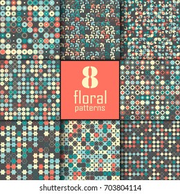 Set of eight seamless floral pattern with colored elements, vector abstract background, colorful floral background