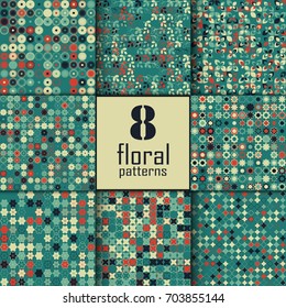 Set of eight seamless floral pattern with colored elements, vector abstract background, colorful floral background