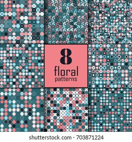 Set of eight seamless floral pattern with colored elements, vector abstract background, colorful floral background