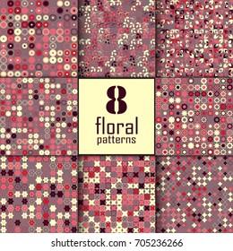 Set of eight seamless floral pattern with colored elements, vector abstract background, colorful floral background