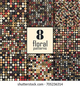 Set of eight seamless floral pattern with colored elements, vector abstract background, colorful floral background