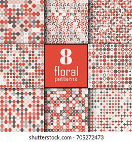 Set of eight seamless floral pattern with colored elements, vector abstract background, colorful floral background