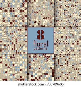 Set of eight seamless floral pattern with colored elements, vector abstract background, colorful floral background
