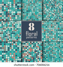 Set of eight seamless floral pattern with colored elements, vector abstract background, colorful floral background