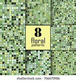 Set of eight seamless floral pattern with colored elements, vector abstract background, colorful floral background