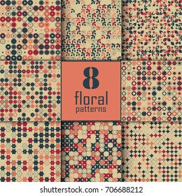Set of eight seamless floral pattern with colored elements, vector abstract background, colorful floral background