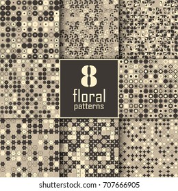 Set of eight seamless floral pattern with colored elements, vector abstract background, colorful floral background