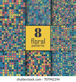 Set of eight seamless floral pattern with colored elements, vector abstract background, colorful floral background
