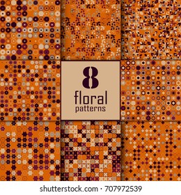 Set of eight seamless floral pattern with colored elements, vector abstract background, colorful floral background