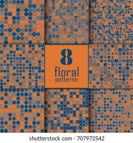 Set of eight seamless floral pattern with colored elements, vector abstract background, colorful floral background