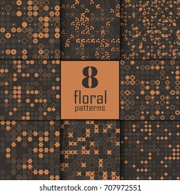 Set of eight seamless floral pattern with colored elements, vector abstract background, colorful floral background