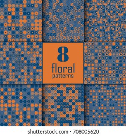 Set of eight seamless floral pattern with colored elements, vector abstract background, colorful floral background