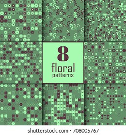 Set of eight seamless floral pattern with colored elements, vector abstract background, colorful floral background