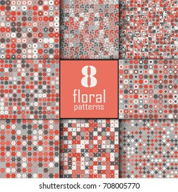Set of eight seamless floral pattern with colored elements, vector abstract background, colorful floral background