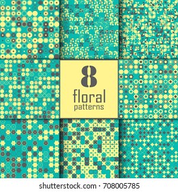 Set of eight seamless floral pattern with colored elements, vector abstract background, colorful floral background