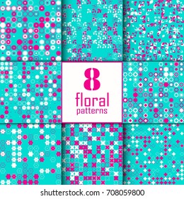 Set of eight seamless floral pattern with colored elements, vector abstract background, colorful floral background