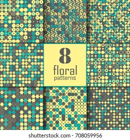 Set of eight seamless floral pattern with colored elements, vector abstract background, colorful floral background