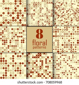 Set of eight seamless floral pattern with colored elements, vector abstract background, colorful floral background