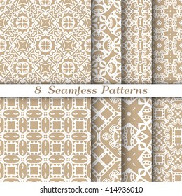 Set of eight seamless geometric lace patterns. Stylish graphic monochrome backgrounds collection, line art. Tribal ethnic arabic, indian ornament collection
