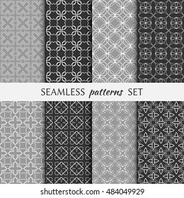 Set of eight Seamless geometric line patterns. Contemporary graphic design. Endless linear backgrounds collection, seamless lace texture for banners, flyers, invitation cards. Black and white ornament