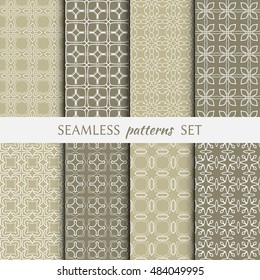 Set of eight Seamless geometric line patterns. Contemporary graphic design. Endless linear backgrounds collection, seamless lace texture for banners, flyers, invitation cards. Monochrome ornament