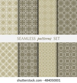 Set of eight Seamless geometric line patterns. Contemporary graphic design. Endless linear backgrounds collection, seamless lace texture for banners, flyers, invitation cards. Monochrome ornament