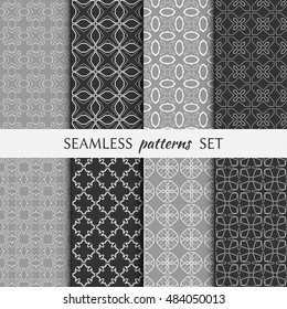 Set of eight Seamless geometric line patterns. Contemporary graphic design. Endless linear backgrounds collection, seamless lace texture for banners, flyers, invitation cards. Black and white ornament